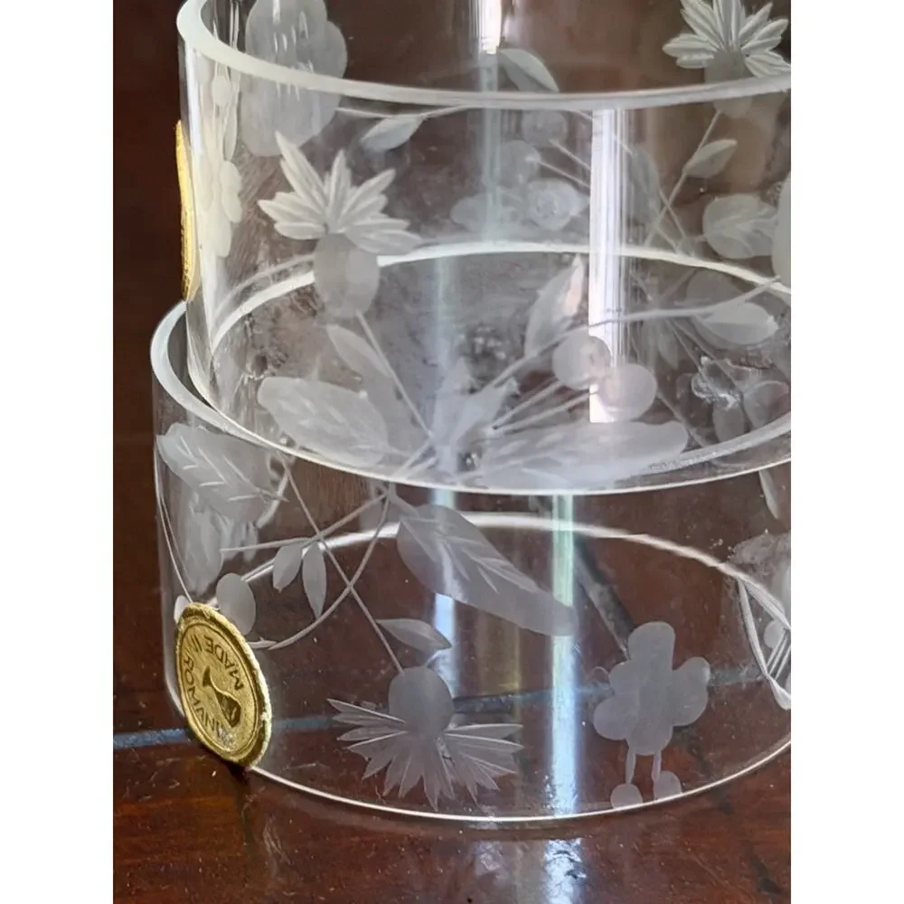 Floral etched glass napkin rings set of 10